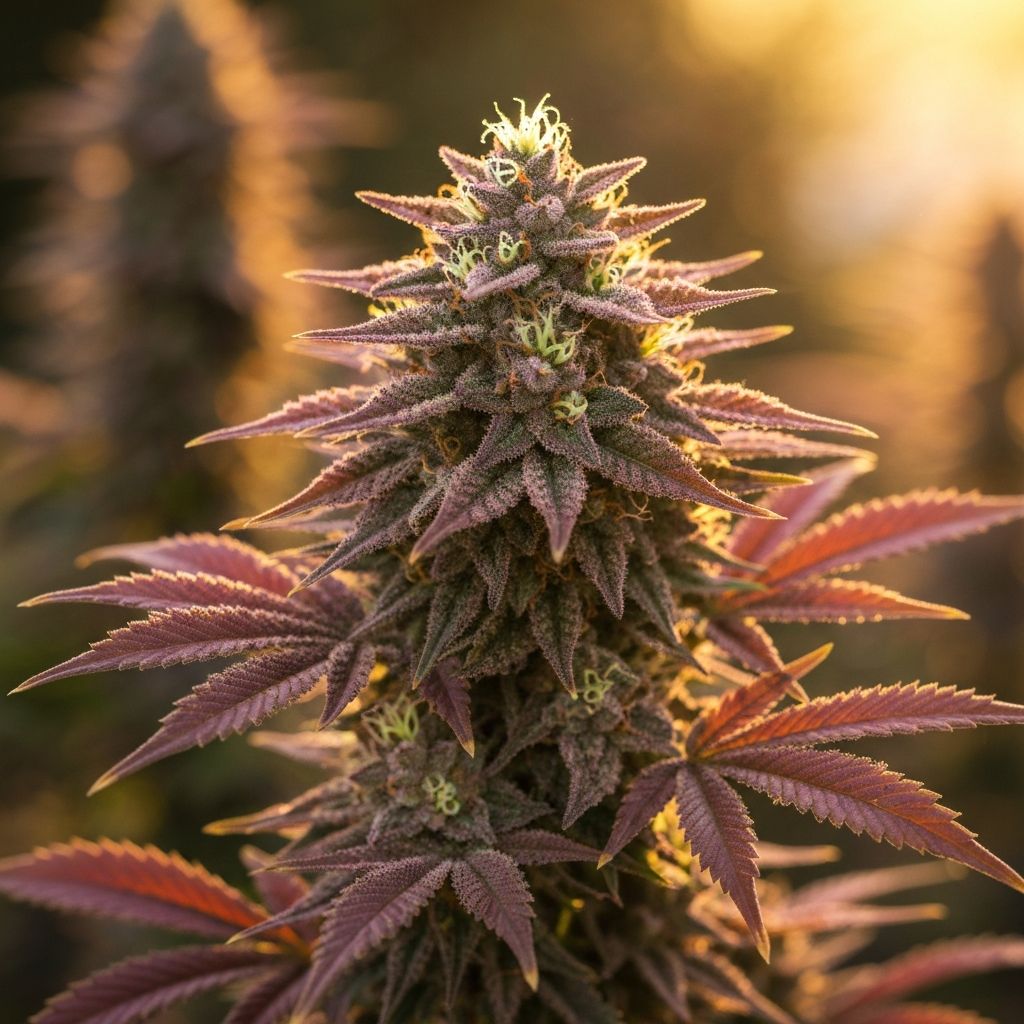 Planta de cannabis com buds roxos e verdes