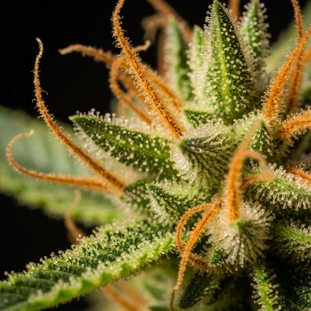 Macro de flor de cannabis com tricomas cristalinos
